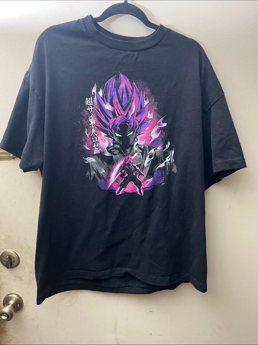 Men's Black Graphic Tee with Super Saiyan Rosè Purple Anime Art